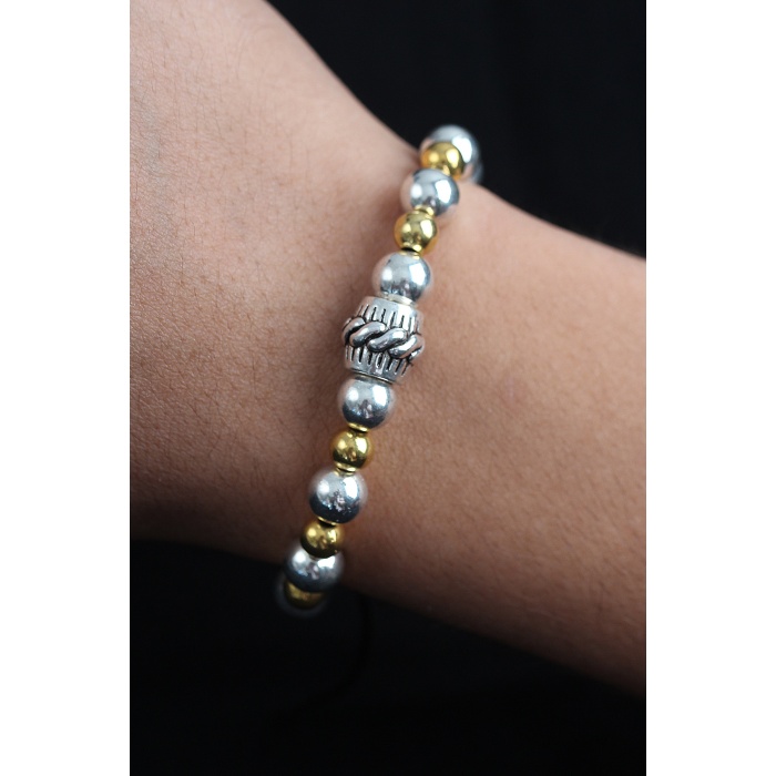 Doğal Taş Sarmal Model Gold Ve Gümüş Renk Asansörlü Erkek Bileklik - Lisinya