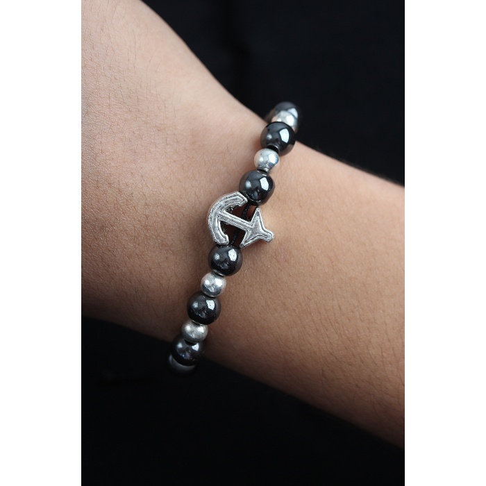 Doğal Taş Çapa Model Gümüş Ve Füme Renk Asansörlü Erkek Bileklik - Lisinya