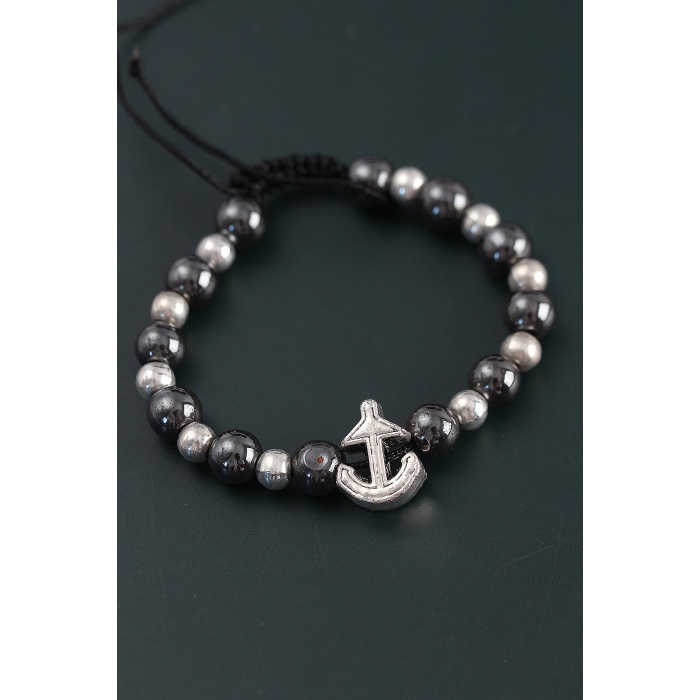 Doğal Taş Çapa Model Gümüş Ve Füme Renk Asansörlü Erkek Bileklik - Lisinya