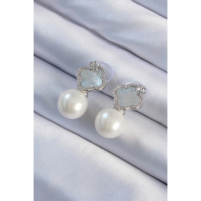 Pirinç Gümüş Renk Zirkon Taşlı Minimal Çiçek Tasarımlı Kadın Küpe - Lisinya