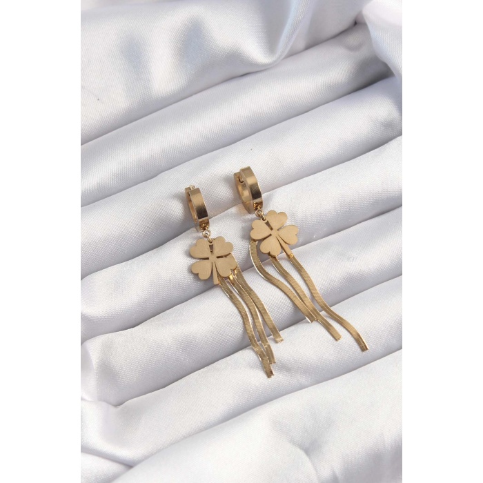 316L Çelik Altın Renk İtalyan Zincirli Yonca Model Halka Küpe - Lisinya