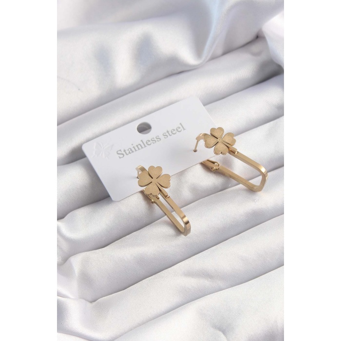 316L Çelik Altın Renk Geometrik Yonca Model Küpe - Lisinya