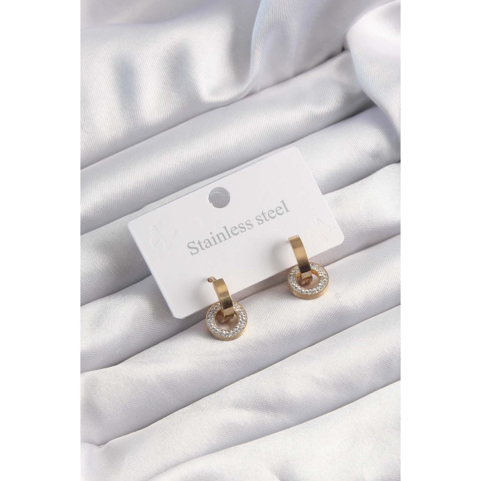 316L Çelik Altın Renk Zirkon Taşlı Halka Model Küpe - Lisinya