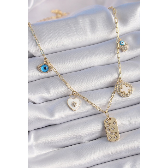 Gold Renk Zirkon Taşlı Çoklu Figür Model Şans Kolyesi - Lisinya