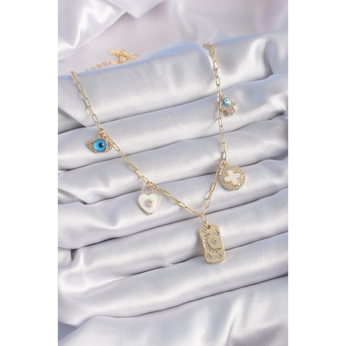 Gold Renk Zirkon Taşlı Çoklu Figür Model Şans Kolyesi - Lisinya