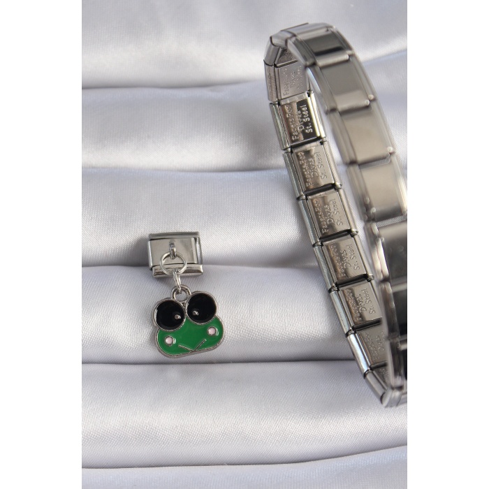 316L Çelik Gümüş Renk Sallantılı Yeşil Kurbağa Figür Nomination Charm - Lisinya