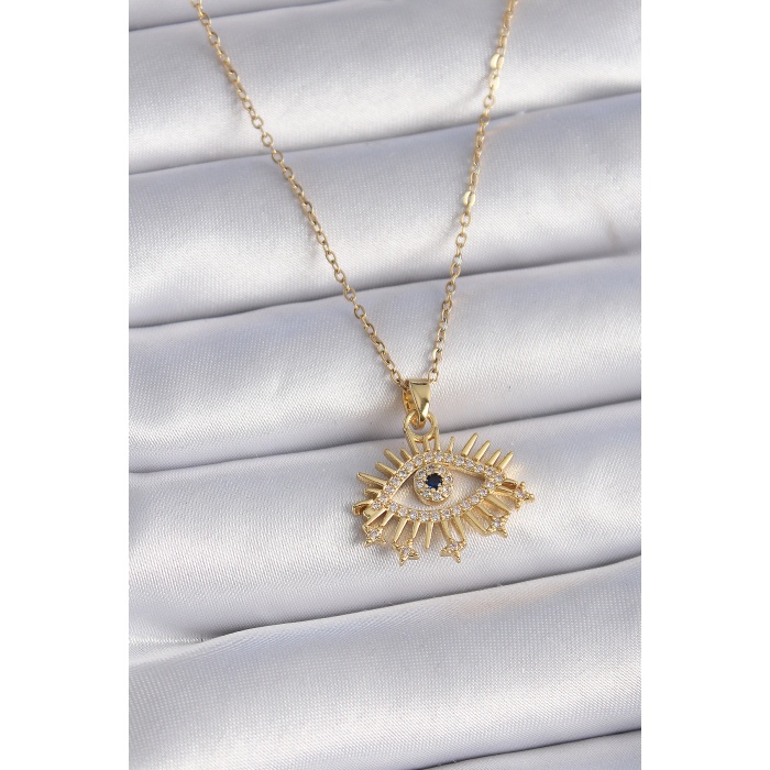 316L Çelik Gold Renk Zincir Zirkon Taşlı Göz Figür Kadın Kolye - Lisinya