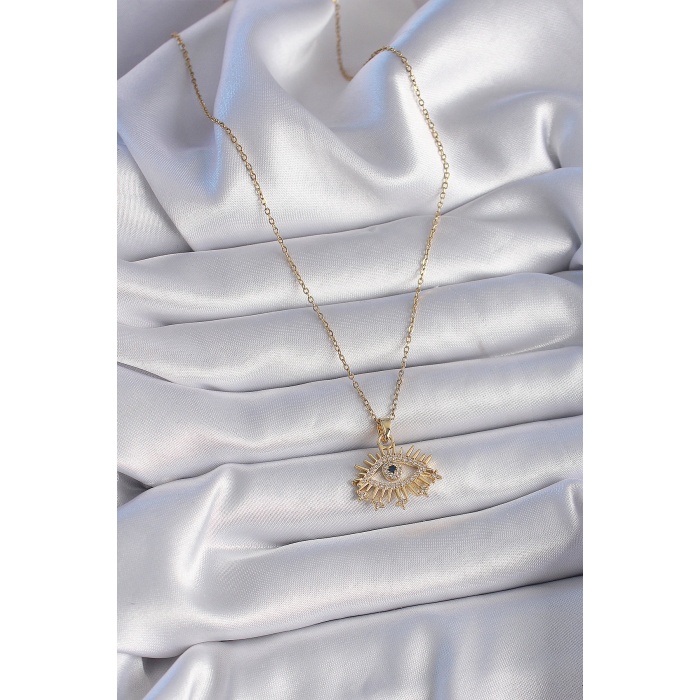316L Çelik Gold Renk Zincir Zirkon Taşlı Göz Figür Kadın Kolye - Lisinya