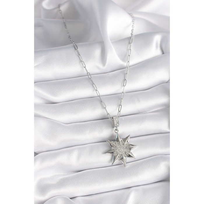 316L Çelik Gümüş Renk Zirkon Taşlı Kutup Yıldızı Model Kadın Kolye - Lisinya