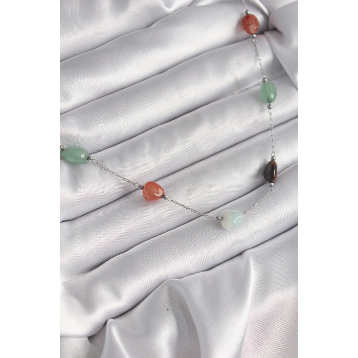 316L Çelik Gümüş Renk Zincir Renkli Doğaltaş Model Kadın Kolye - Lisinya