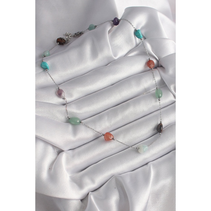 316L Çelik Gümüş Renk Zincir Renkli Doğaltaş Model Kadın Kolye - Lisinya