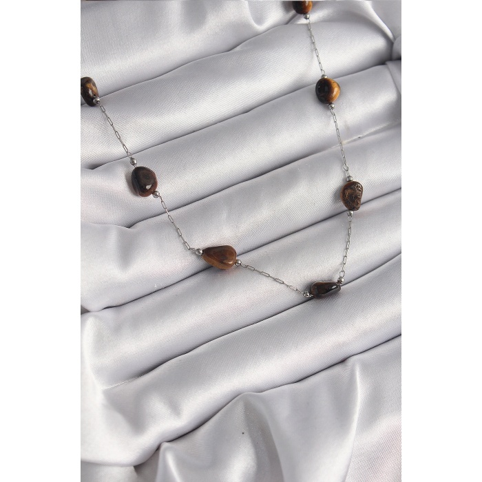 316L Çelik Gümüş Renk Zincir Kahverengi Doğaltaş Model Kadın Kolye - Lisinya