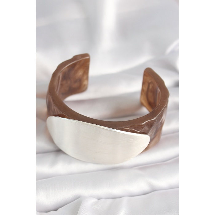 Kahverengi Mermer Desen Akrilik Plastik Gümüş Oval Plaka Model Vintage Kadın Bilezik - Lisinya