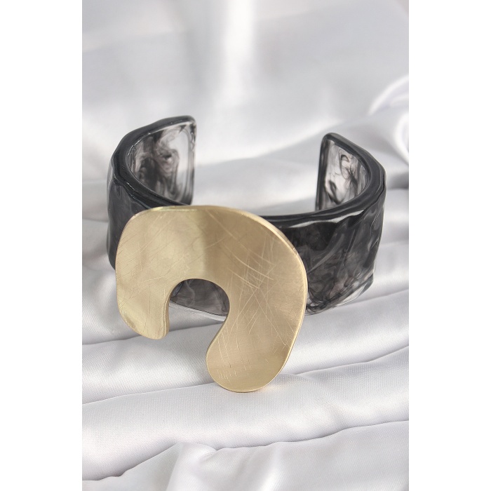 Siyah Mermer Desen Akrilik Plastik Gold Nal Model Plaka Vintage Kadın Bilezik - Lisinya