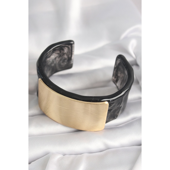 Siyah Mermer Desen Akrilik Plastik Gol Dikdörtgen Plaka Model Vingtage Kadın Bilezik - Lisinya