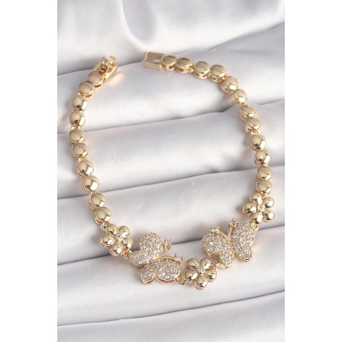 Pirinç Gold Renk Zirkon Taşlı Kelebek Figür Çiçek Zincir Model Kadın Bileklik - Lisinya