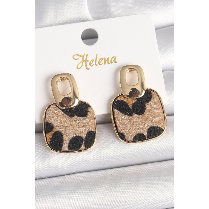 Pirinç Gold Renk Sallantı Kare Leopar Model Kadın Küpe - Lisinya