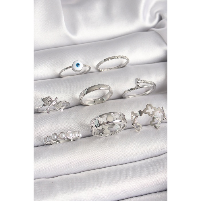 Pirinç Gümüş Renk Nazar Boncuk Detay İncili Kelebek İşlemeli Kadın Yüzük Kombini - Lisinya