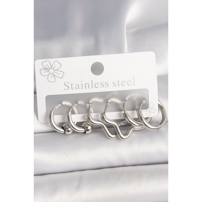 316L Çelik Gümüş Renk Halka Yıldız Model Kadın Küpe Seti - Lisinya