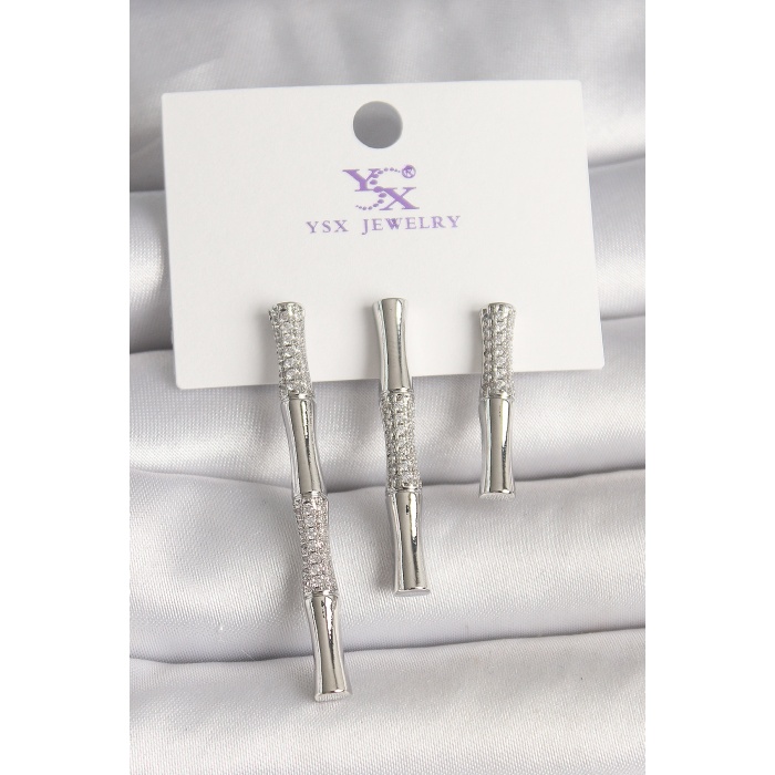 Pirinç Gümüş Renk Zirkon Taşlı Bambu Model 3Lü Kadın Kombin Küpe - Lisinya