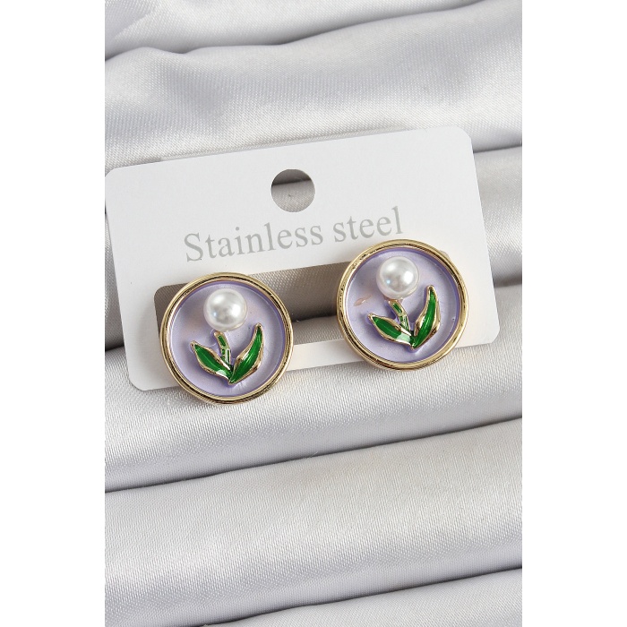 Pirinç Mor Mineli Lale Figürlü Sanatsal Portre Model Gold Renk Kadın Küpe - Lisinya