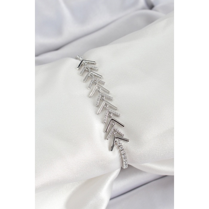 Pirinç Gümüş Renk Zirkon Taşlı Balık Sırtı Kadın Bileklik - Lisinya