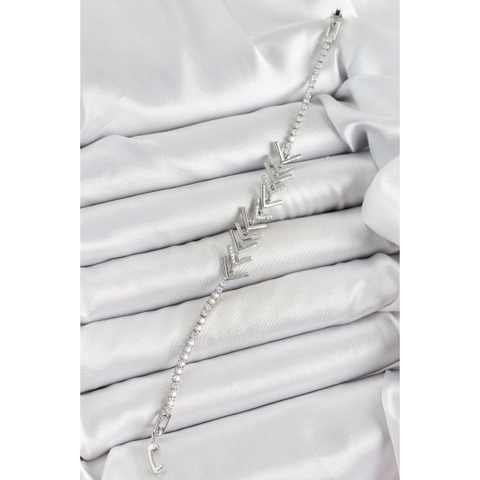 Pirinç Gümüş Renk Zirkon Taşlı Balık Sırtı Kadın Bileklik - Lisinya