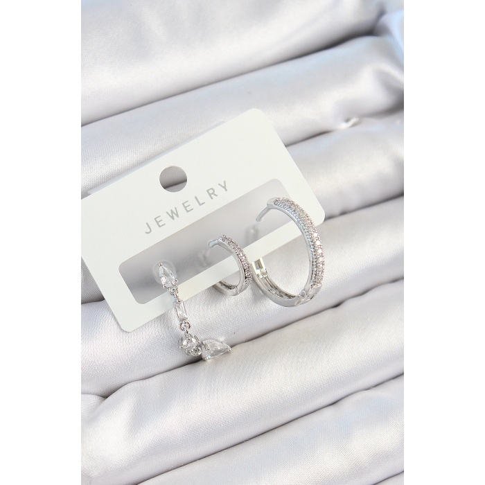 Pirinç Zirkon Taşlı Sallantılı Model Gümüş Renk 3lü Çift Kadın Küpe Set - Lisinya