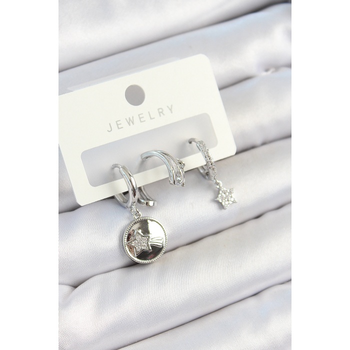 Pirinç Zirkon Taşlı Sallantılı Yıldız Model Gümüş Renk 3lü Çift Kadın Küpe Set - Lisinya