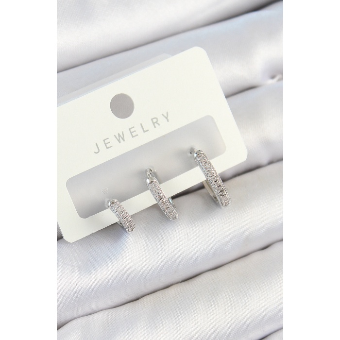 Pirinç Zirkon Taşlı Halka Model Gümüş Renk 3lü Çift Kadın Küpe Set - Lisinya