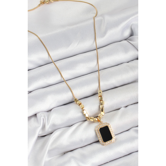 316L Çelik Zirkon Taşlı Siyah Baget Model Gold Renk Kadın Kolye - Lisinya