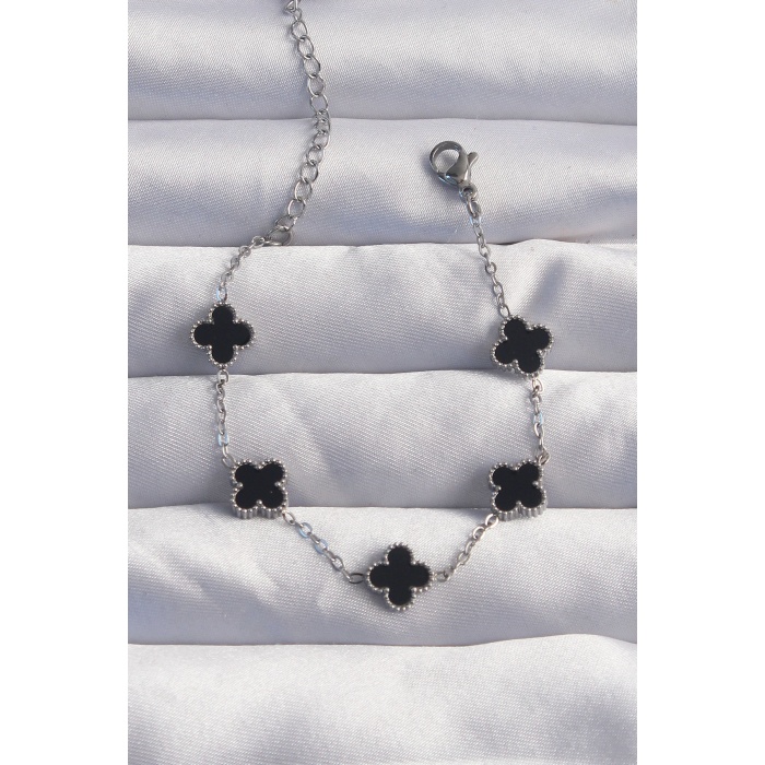 316L Çelik Baby Boy Gümüş Renk Siyah Mineli Yonca Bileklik - Lisinya