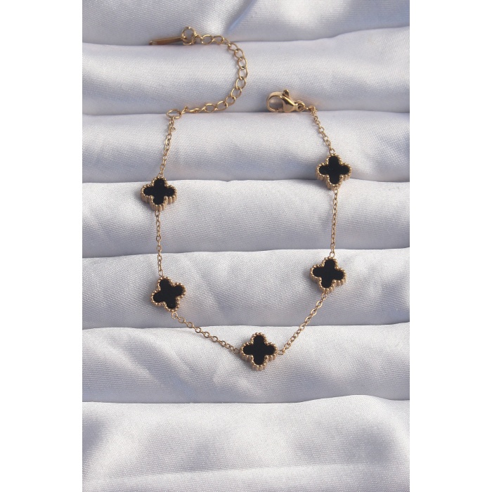 316L Çelik Baby Boy Gold Renk Siyah Mineli Yonca Bileklik - Lisinya