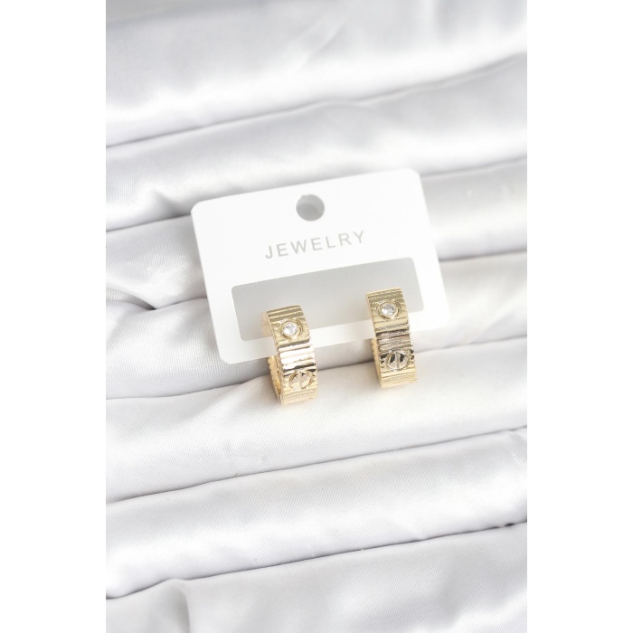 Pirinç Gold Renk Zirkon Taşlı Halka Kadın Küpe - Lisinya