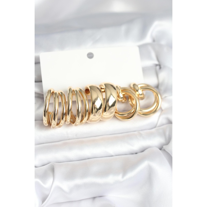 Pirinç Gold Renk 3 Çift Vintage Kadın Küpe Seti - Lisinya