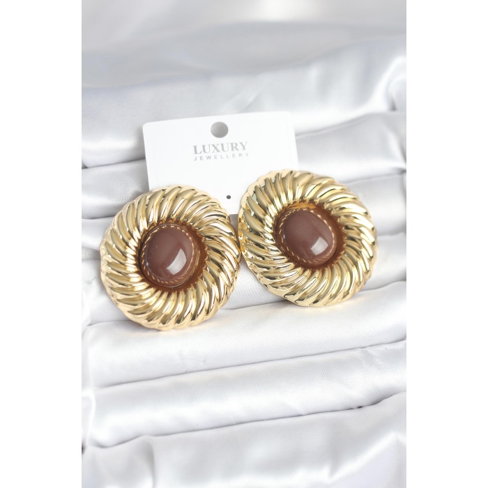 Pirinç Gold Renk Kahverengi Boncuklu Vintage Kadın Küpe - Lisinya