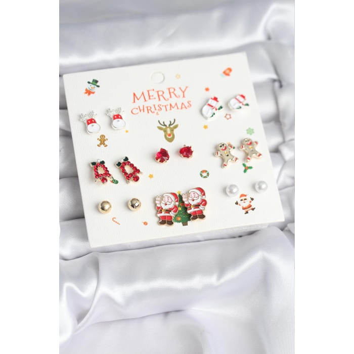 Yılbaşı Temalı Karışık Model 8 Çift Yılbaşı Temalı Kadın Küpe Seti - Lisinya