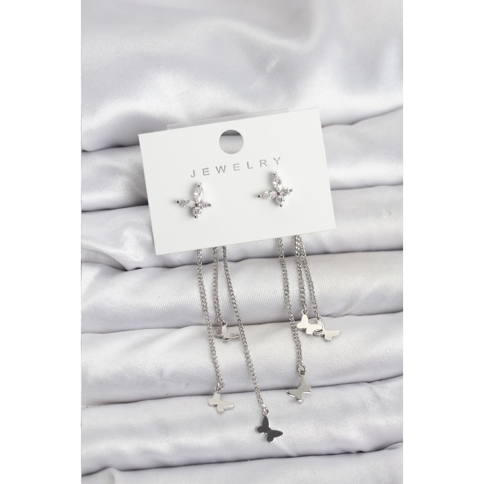 Kelebek Model Gümüş Renk Pirinç Sallantılı Kadın Küpe - Lisinya