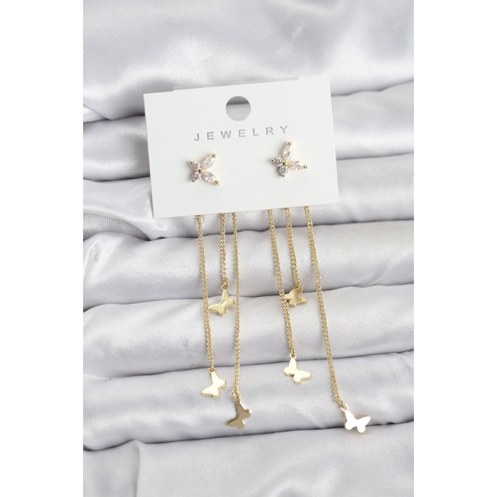 Kelebek Model Gold Renk Pirinç Sallantılı Kadın Küpe - Lisinya