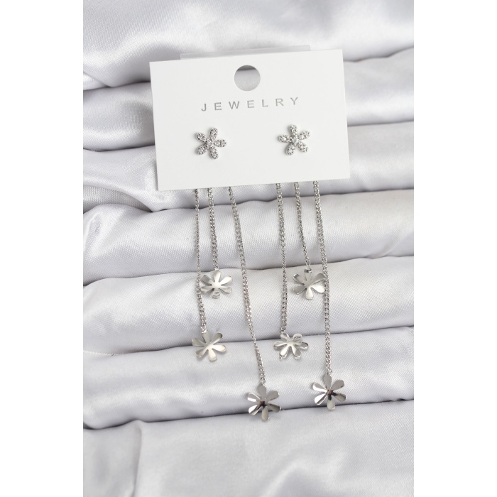 Papatya Model Gümüş Renk Pirinç Sallantılı Kadın Küpe - Lisinya