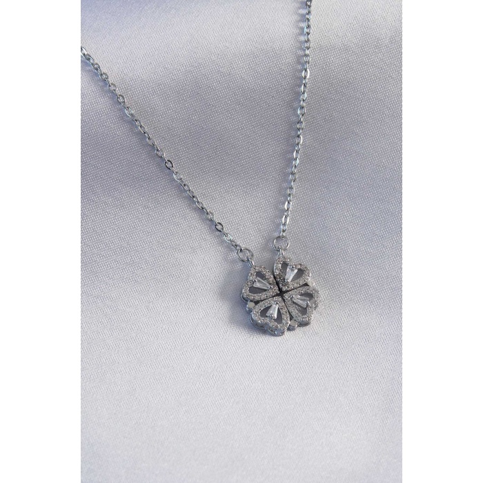 316L Çelik Gümüş Renk Açılır Yonca Model Kadın Kolye - Lisinya