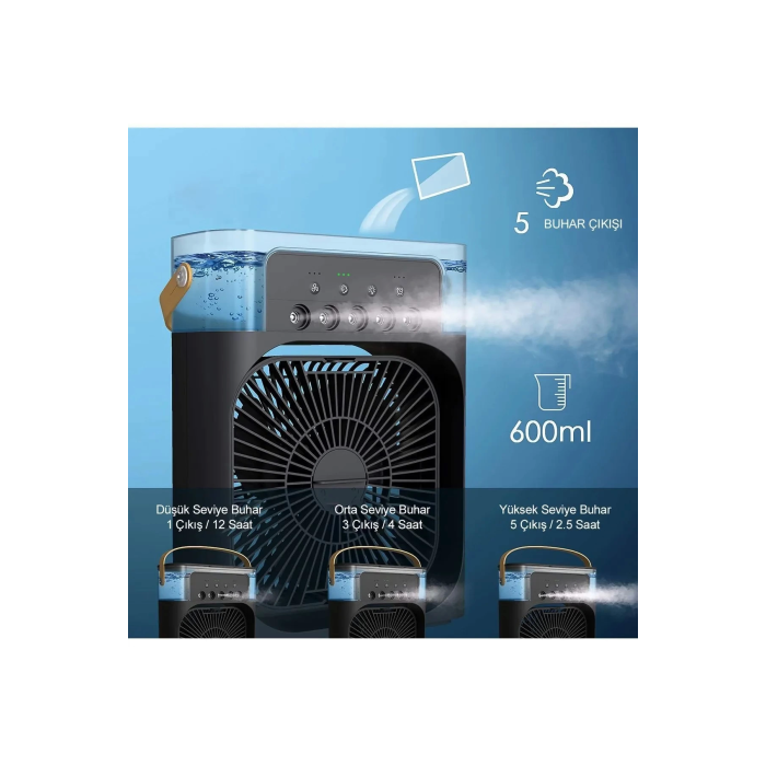 Taşınabilir Işıklı 5 Spreyli Vantilatör Buzlu Buharlı Vantilatör Mini Fan Nemlendirici - Lisinya