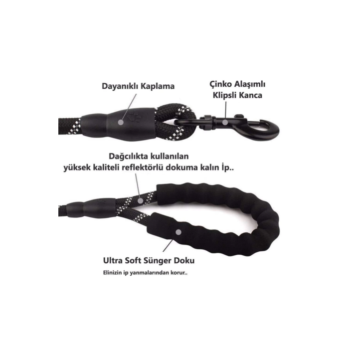 Köpekler İçin Gezdirme Tasması Reflektörlü 130 Cm Halat Orta Ve Büyük Boy Köpekler İçin Siyah ( Lisinya )