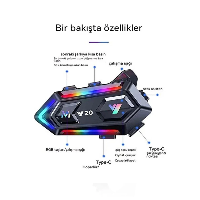 Y20 Motor Kurye Kask Kulaklık Rgb Modlu Bluetooth Motosiklet Kulaklık 5.3 Bluetooth Interkom ( Lisinya )