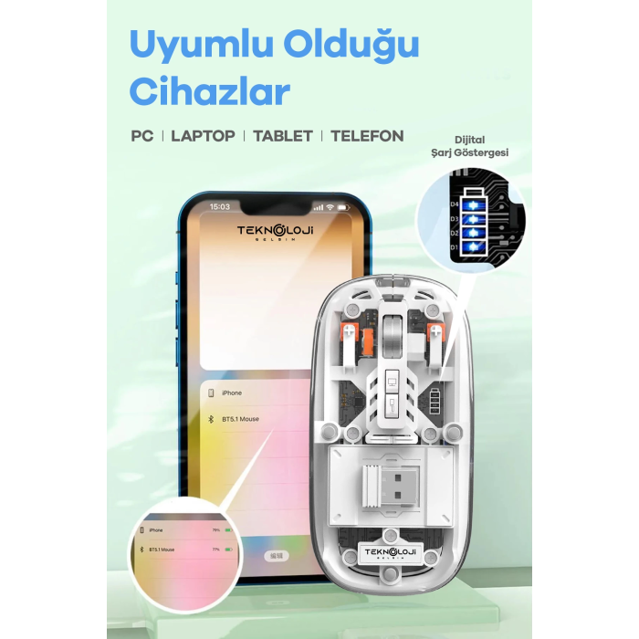 Bluetooth USB Çift Modlu Sessiz Mouse, Şeffaf Mıknatıslı Kapaklı, Type-C Şarjlı, DPI Ayarlı, Kablosuz 10m Çekim Mesafeli, Masaüstü Kısayol Tuşlu, Taşınabilir Şarjlı Mouse Beyaz ( Lisinya )