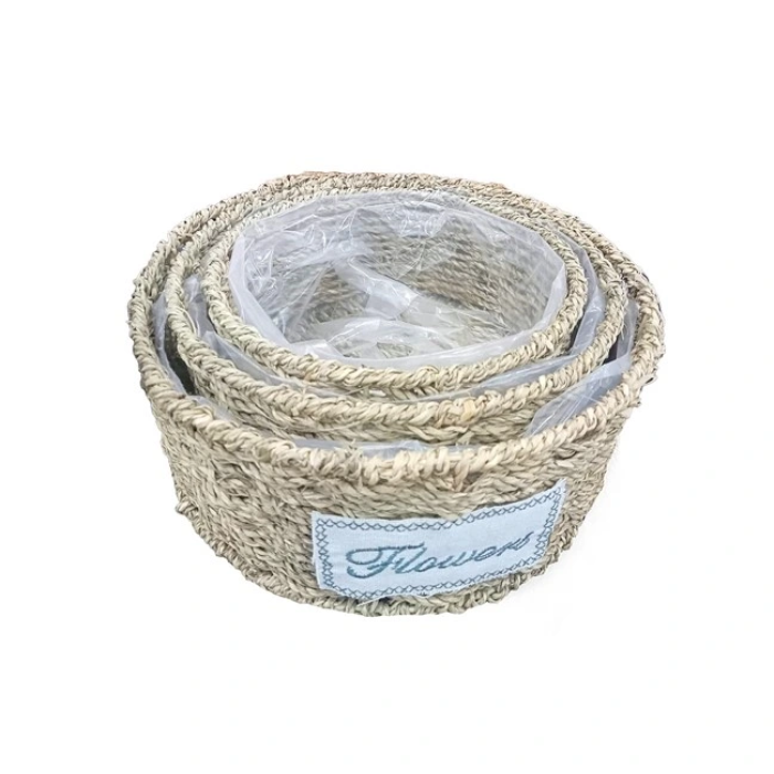 Yuvarlak Doğal Hasır Saksı Seti - 3lü ( Lisinya )