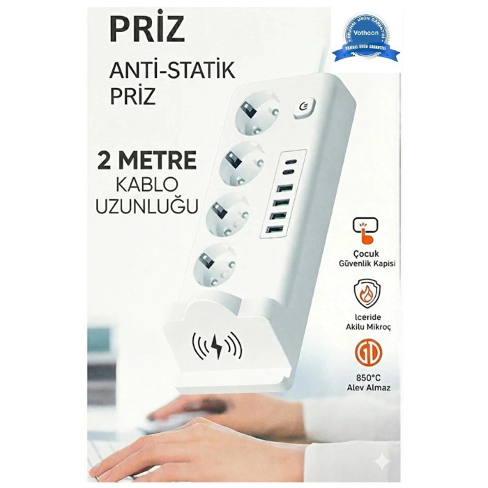 Akım Korumalı Priz Ve Masaüstü Şarj İstasyonu Kablosuz 4 Priz ,4 Usb, 2 Type-c Girişli 2 Metre ( Lisinya )