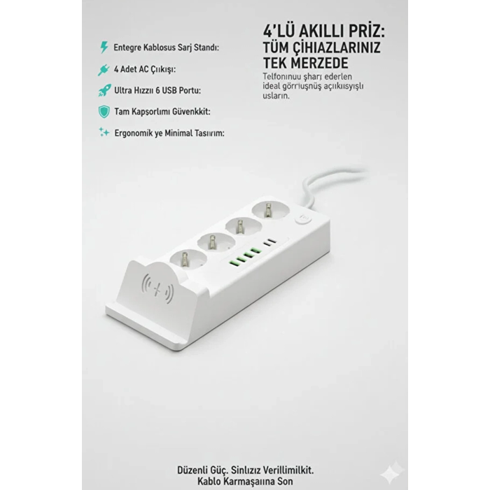 Akım Korumalı Priz Ve Masaüstü Şarj İstasyonu Kablosuz 4 Priz ,4 Usb, 2 Type-c Girişli 2 Metre ( Lisinya )