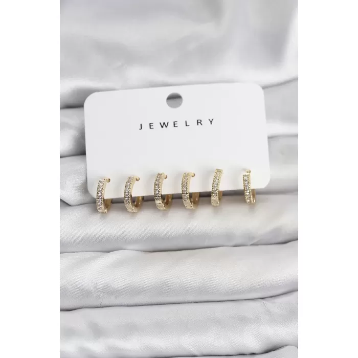 Gold Renk Pirinç Zirkon Taşlı Halka Kadın Küpe Seti