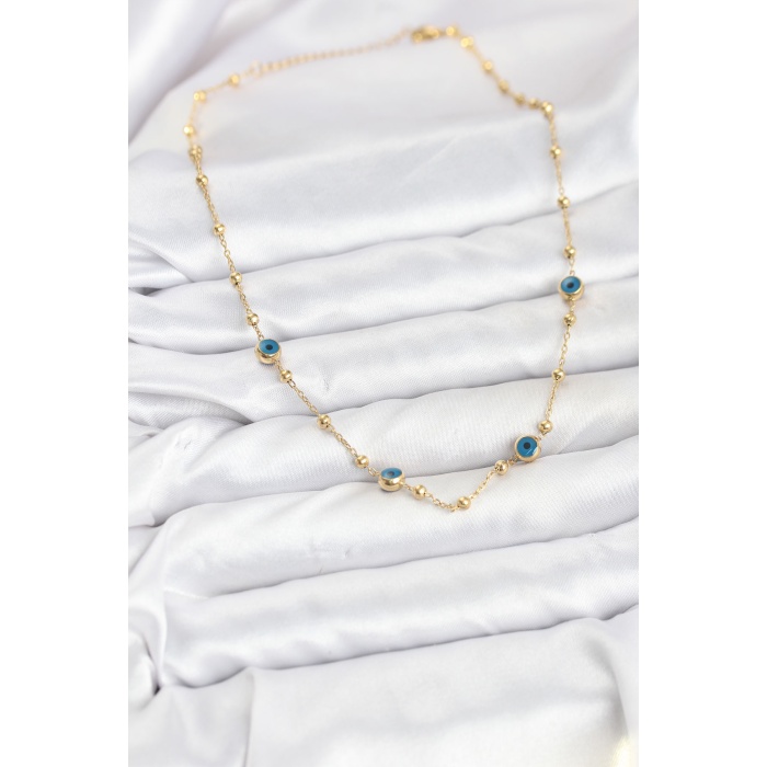 316L Çelik Gold Renk Nazarlı ve Topçuklu Model Kadın Kolye -